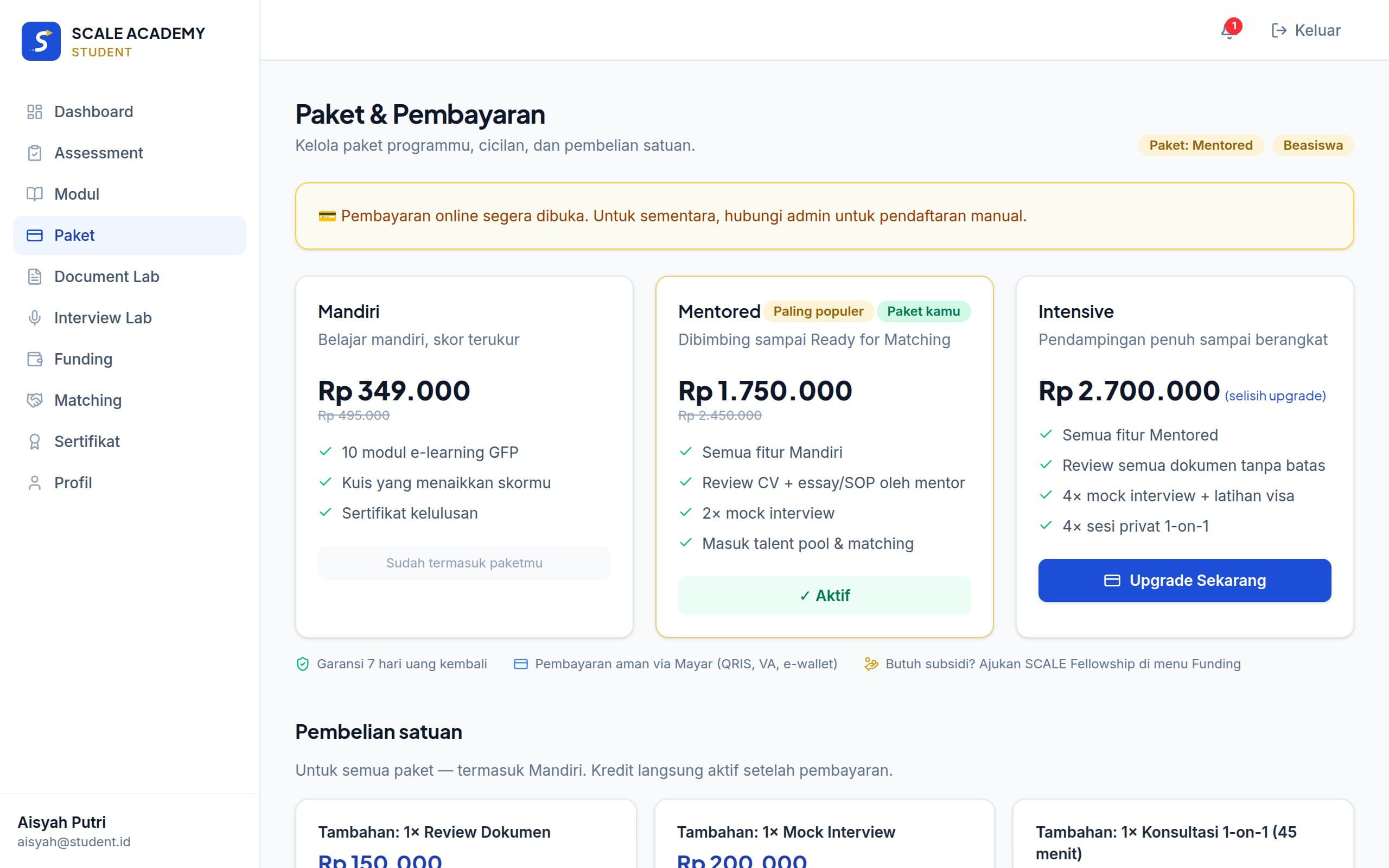 Halaman Paket & Pembayaran dengan tiga tier